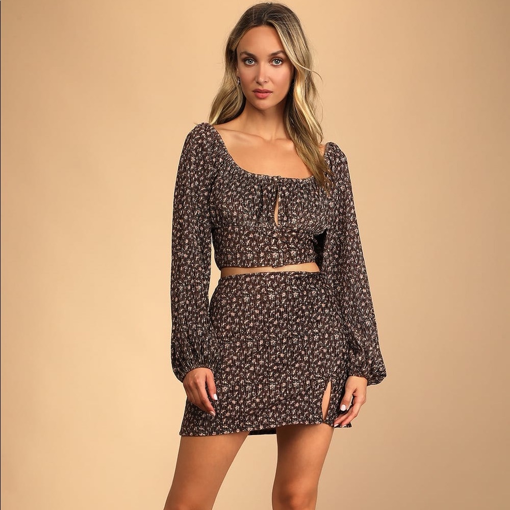 LULUS Certain Love Brown Ribbed Floral Skirt Set